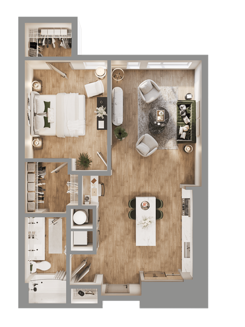 a 3d rendering of a bedroom and living room with a wood floor at Bemiston Place Apartments, Missouri, 63105